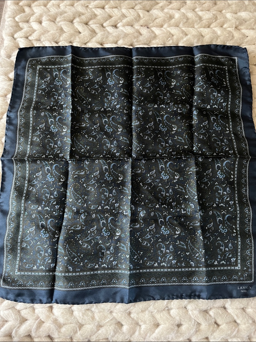 Lanvin Black Pocket Square with Blue Paisley Accents